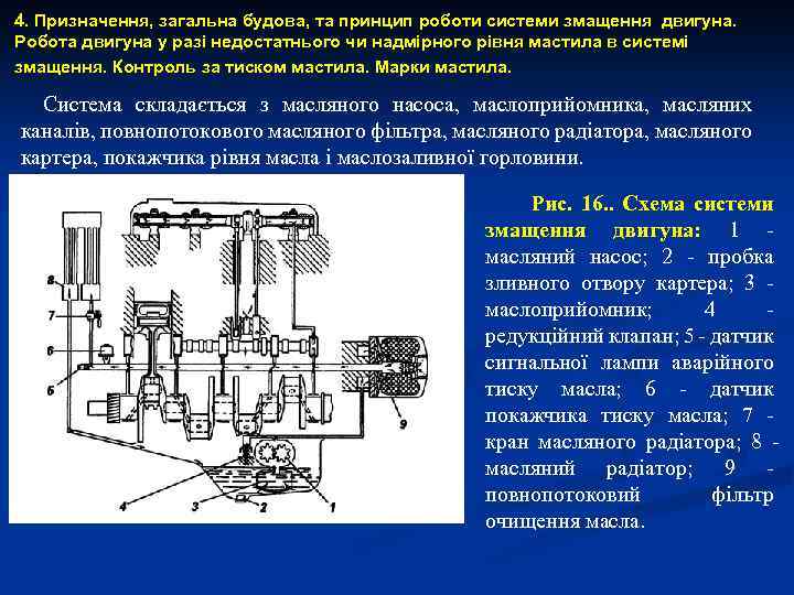 4. Призначення, загальна будова, та принцип роботи системи змащення двигуна. Робота двигуна у разі