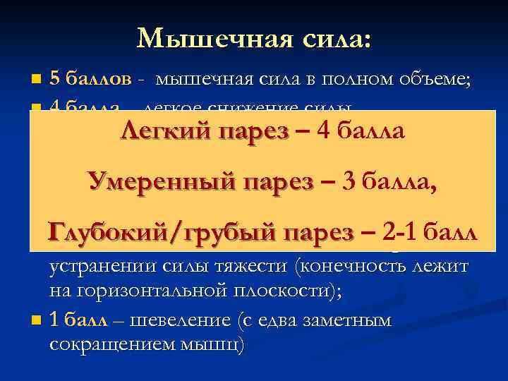 Мышечная сила: 5 баллов - мышечная сила в полном объеме; n 4 балла –