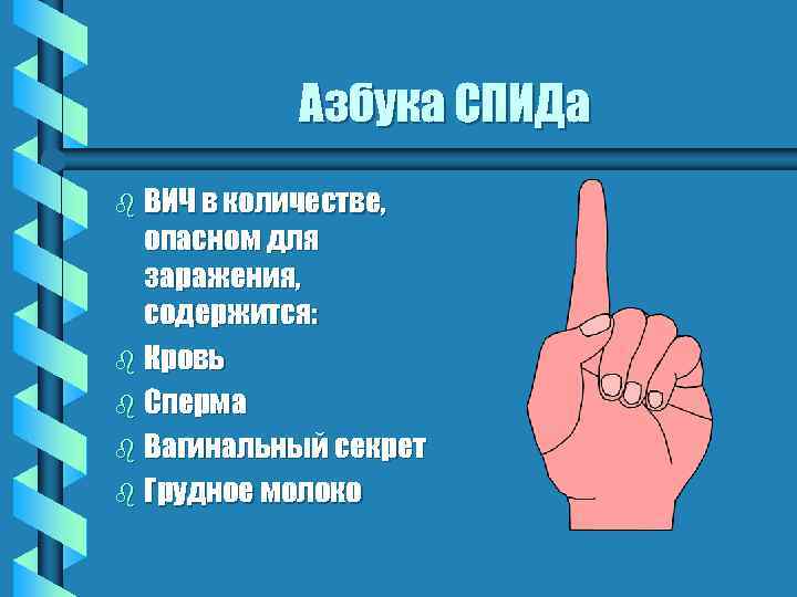 Азбука СПИДа b ВИЧ в количестве, опасном для заражения, содержится: b Кровь b Сперма