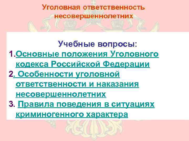 Учебные вопросы: 1. Основные положения Уголовного кодекса Российской Федерации 2. Особенности уголовной ответственности и
