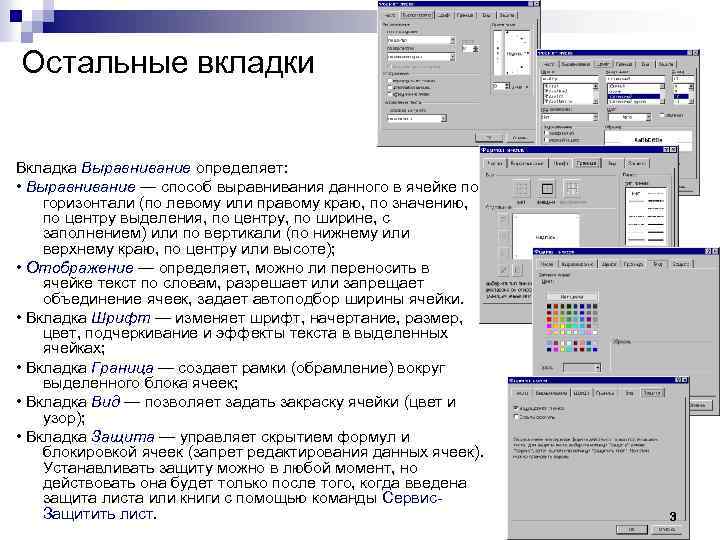 Остальные вкладки Вкладка Выравнивание определяет: • Выравнивание — способ выравнивания данного в ячейке по