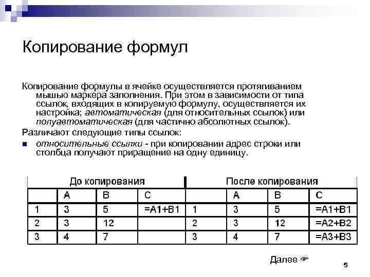 Копирование формулы в ячейке осуществляется протягиванием мышью маркера заполнения. При этом в зависимости от