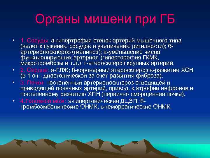 Органы мишени при ГБ • 1. Сосуды: а-гипертрофия стенок артерий мышечного типа (ведет к