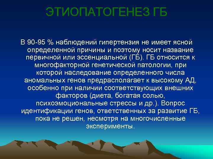 ЭТИОПАТОГЕНЕЗ ГБ В 90 -95 % наблюдений гипертензия не имеет ясной определенной причины и