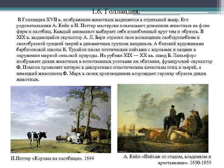  1. 6. Голландия. В Голландии XVII в. изображение животных выделяется в отдельный жанр.