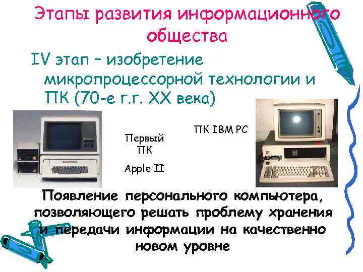 Этапы развития информационного общества IV этап – изобретение микропроцессорной технологии и ПК (70 -е