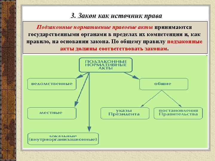 3. Закон как источник права Подзаконные нормативные правовые акты принимаются государственными органами в пределах