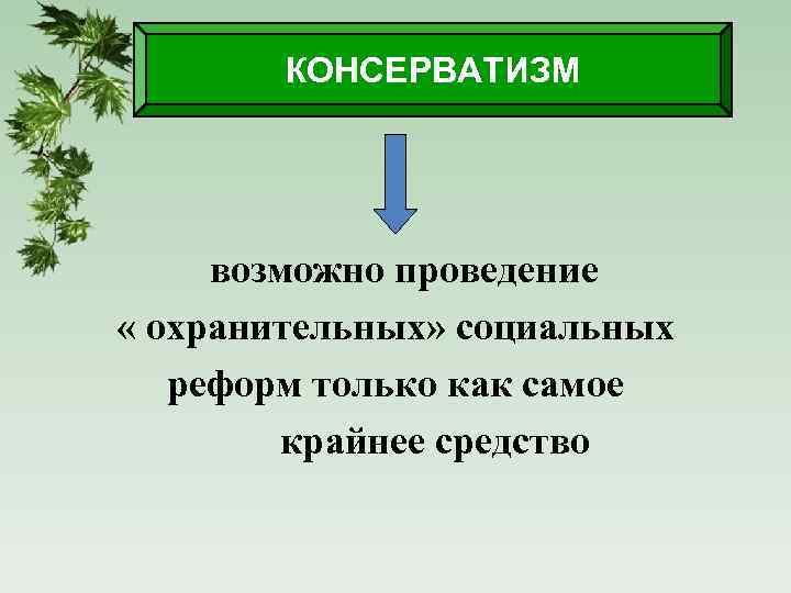 КОНСЕРВАТИЗМ возможно проведение « охранительных» социальных реформ только как самое крайнее средство 