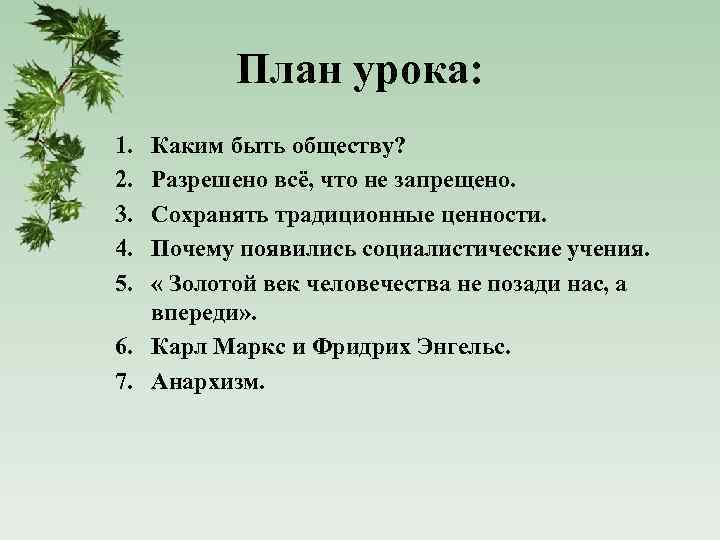 План урока: 1. 2. 3. 4. 5. Каким быть обществу? Разрешено всё, что не