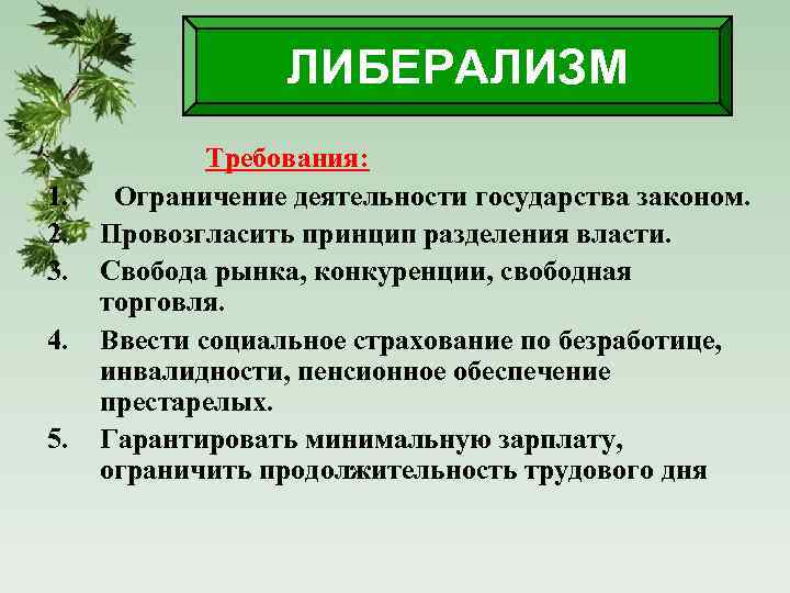 ЛИБЕРАЛИЗМ 1. 2. 3. 4. 5. Требования: Ограничение деятельности государства законом. Провозгласить принцип разделения