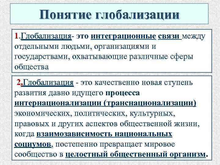 Понятие глобализации 1. Глобализация- это интеграционные связи между Глобализация отдельными людьми, организациями и государствами,