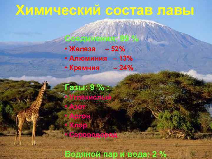 Химический состав лавы Соединения: 89 % • Железа – 52% • Алюминия – 13%