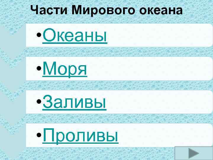 Части Мирового океана • Океаны • Моря • Заливы • Проливы 