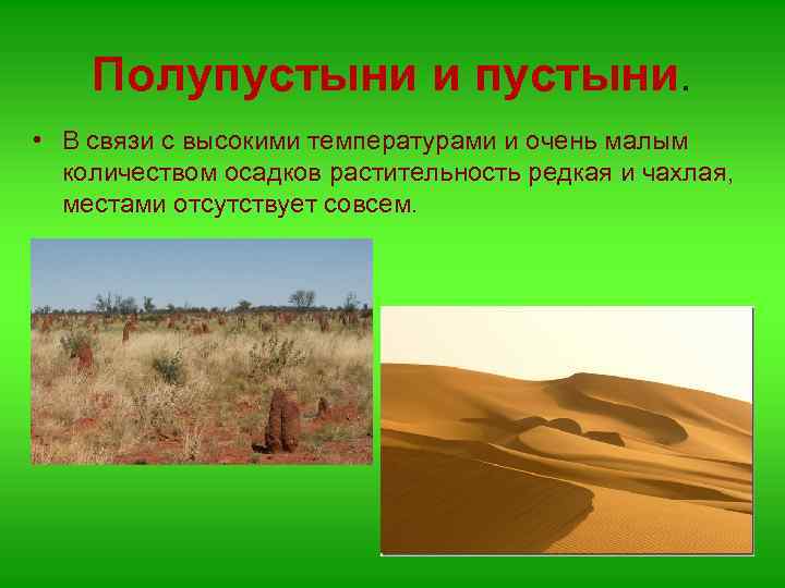 Полупустыни и пустыни. • В связи с высокими температурами и очень малым количеством осадков