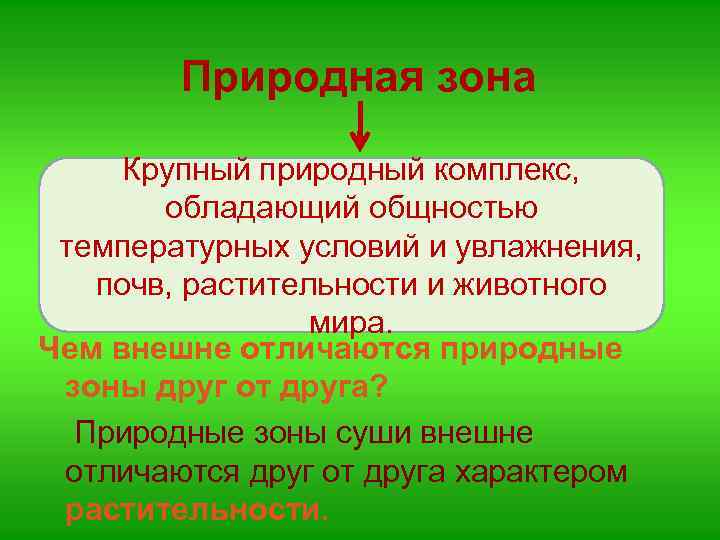 Природная зона Крупный природный комплекс, обладающий общностью температурных условий и увлажнения, почв, растительности и