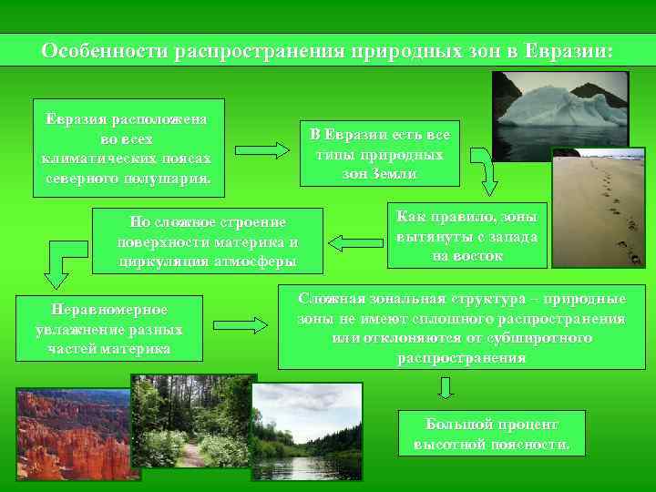 Особенности распространения природных зон в Евразии: Евразия расположена во всех климатических поясах северного полушария.