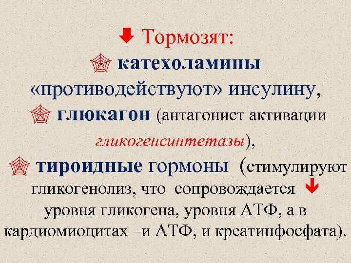  Тормозят: катехоламины «противодействуют» инсулину, глюкагон (антагонист активации гликогенсинтетазы), тироидные гормоны (стимулируют гликогенолиз, что