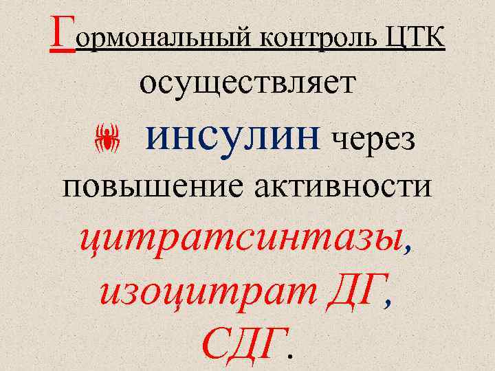 Гормональный контроль ЦТК осуществляет инсулин через повышение активности цитратсинтазы, изоцитрат ДГ, СДГ. 