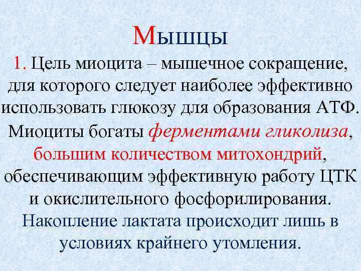 Мышцы 1. Цель миоцита – мышечное сокращение, для которого следует наиболее эффективно использовать глюкозу