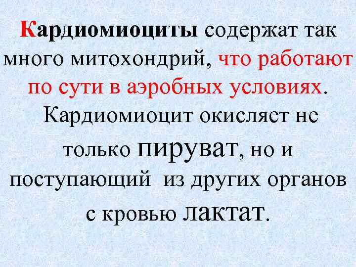 Кардиомиоциты содержат так много митохондрий, что работают по сути в аэробных условиях. Кардиомиоцит окисляет