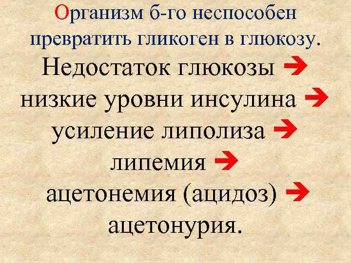 Организм б-го неспособен превратить гликоген в глюкозу. Недостаток глюкозы низкие уровни инсулина усиление липолиза