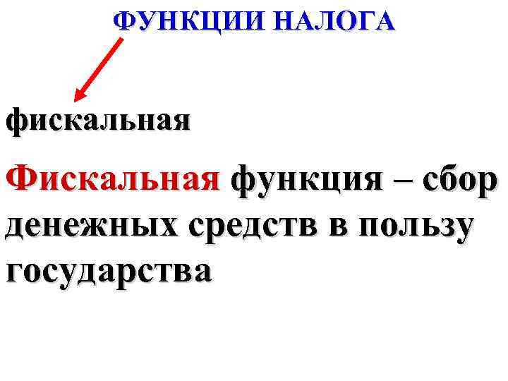 ФУНКЦИИ НАЛОГА фискальная Фискальная функция – сбор денежных средств в пользу государства 