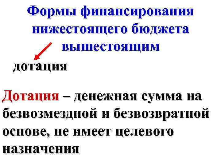 Формы финансирования нижестоящего бюджета вышестоящим дотация Дотация – денежная сумма на безвозмездной и безвозвратной