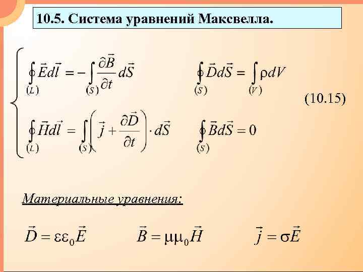 10. 5. Система уравнений Максвелла. (10. 15) Материальные уравнения: 