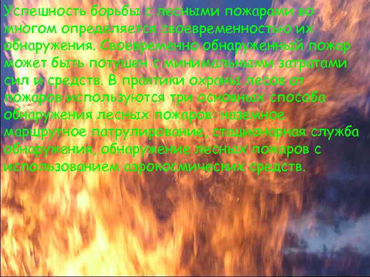 Успешность борьбы с лесными пожарами во многом определяется своевременностью их обнаружения. Своевременно обнаруженный пожар