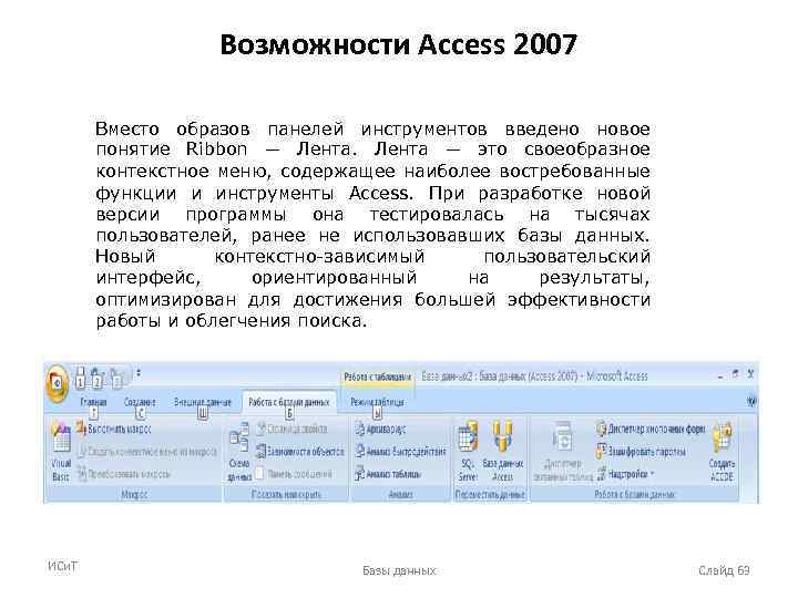 Возможности Access 2007 Вместо образов панелей инструментов введено новое понятие Ribbon — Лента —