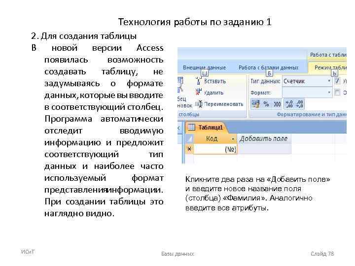 Технология работы по заданию 1 2. Для создания таблицы В новой версии Access появилась