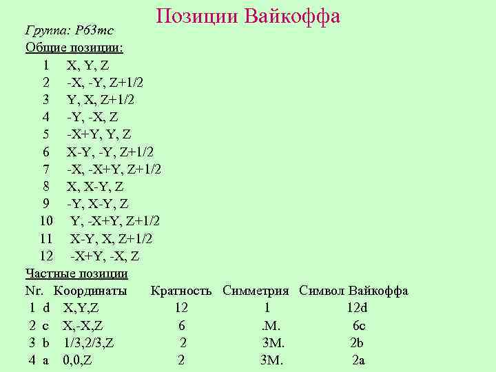 Позиции Вайкоффа Группа: P 63 mc Общие позиции: 1 X, Y, Z 2 -X,
