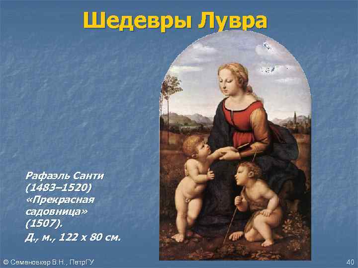 Шедевры Лувра Рафаэль Санти (1483– 1520) «Прекрасная садовница» (1507). Д. , м. , 122