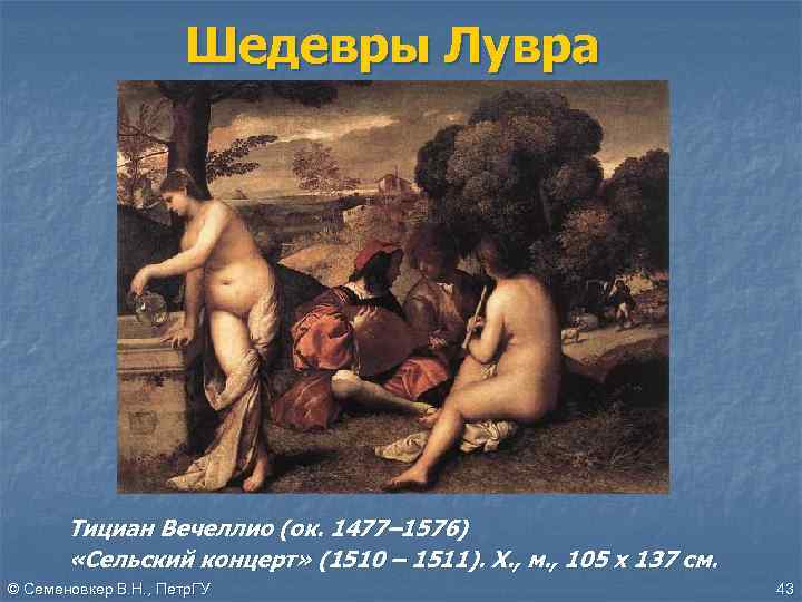 Шедевры Лувра Тициан Вечеллио (ок. 1477– 1576) «Сельский концерт» (1510 – 1511). Х. ,