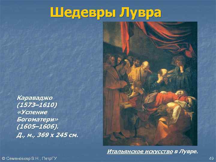 Шедевры Лувра Караваджо (1573– 1610) «Успение Богоматери» (1605– 1606). Д. , м. , 369