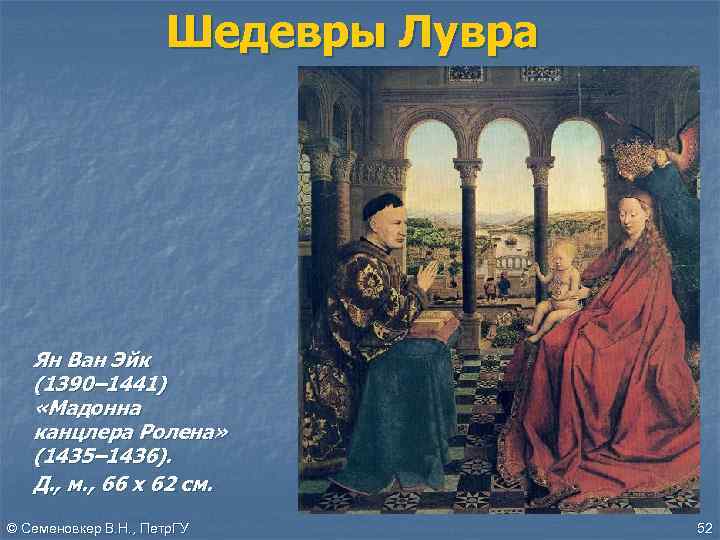 Шедевры Лувра Ян Ван Эйк (1390– 1441) «Мадонна канцлера Ролена» (1435– 1436). Д. ,