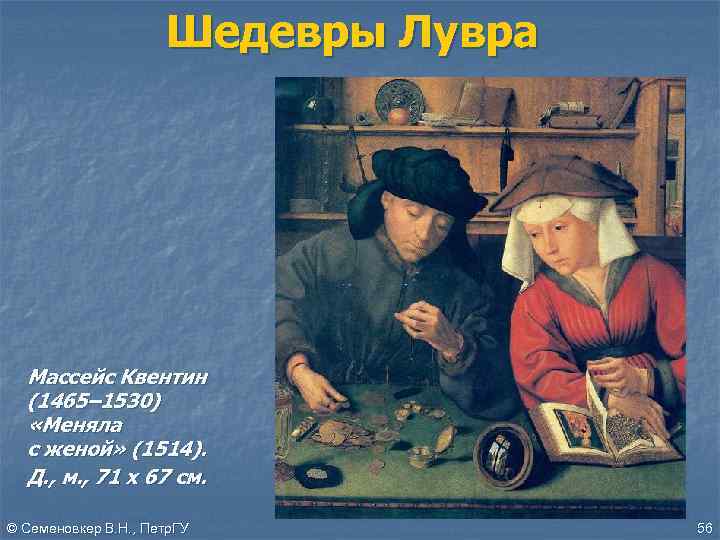 Шедевры Лувра Массейс Квентин (1465– 1530) «Меняла с женой» (1514). Д. , м. ,