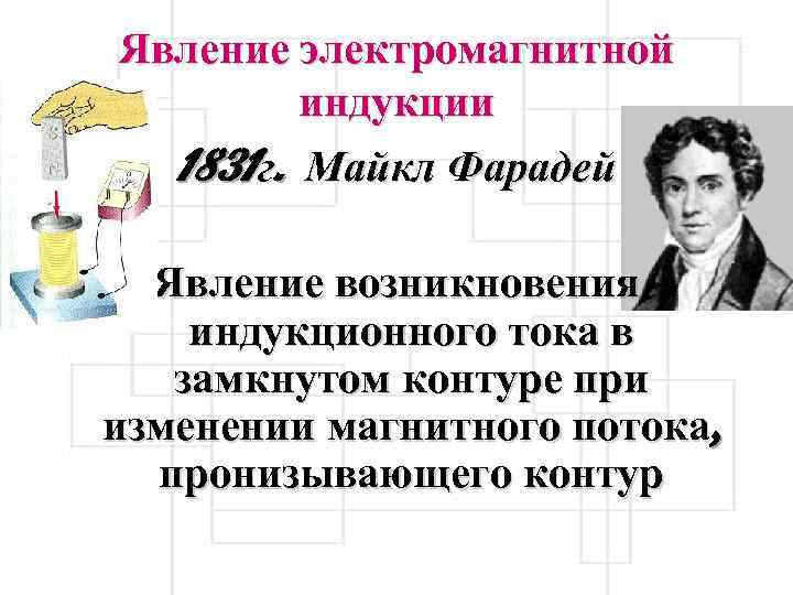 Явление электромагнитной индукции 1831 г. Майкл Фарадей Явление возникновения индукционного тока в замкнутом контуре