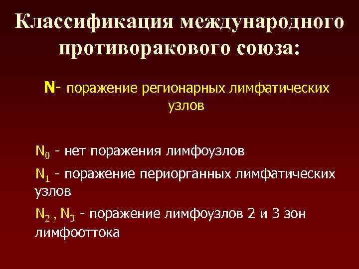 Классификация международного противоракового союза: N- поражение регионарных лимфатических узлов N 0 - нет поражения