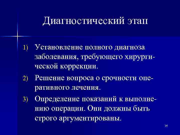 Диагностический этап Установление полного диагноза заболевания, требующего хирургической коррекции. 2) Решение вопроса о срочности