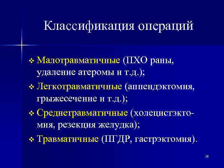 Классификация операций v Малотравматичные (ПХО раны, удаление атеромы и т. д. ); v Легкотравматичные