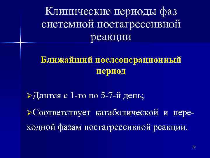 Клинические периоды фаз системной постагрессивной реакции Ближайший послеоперационный период ØДлится с 1 -го по