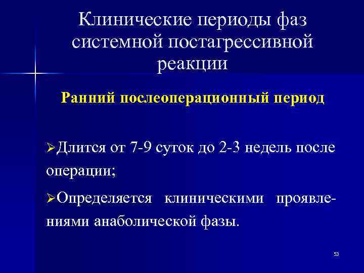 Клинические периоды фаз системной постагрессивной реакции Ранний послеоперационный период ØДлится от 7 -9 суток