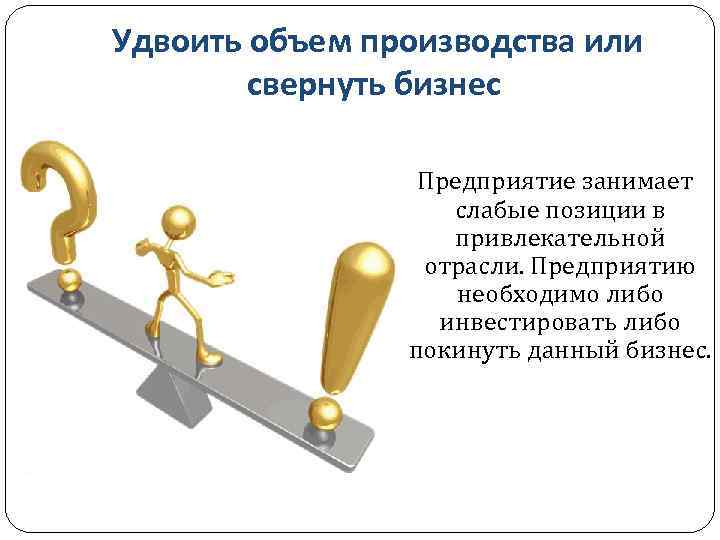 Удвоить объем производства или свернуть бизнес Предприятие занимает слабые позиции в привлекательной отрасли. Предприятию