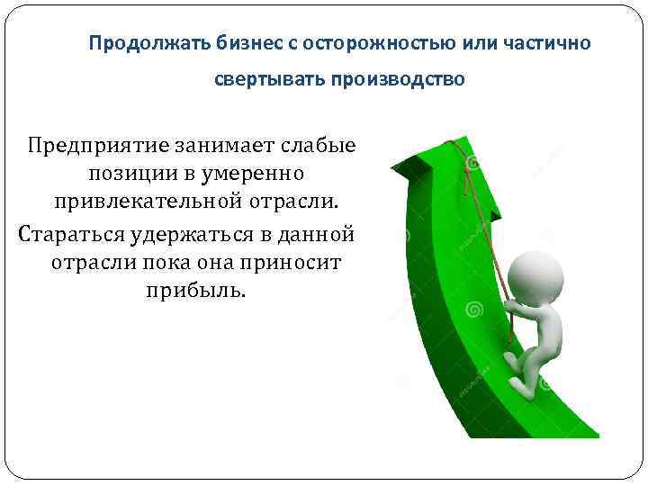 Продолжать бизнес с осторожностью или частично свертывать производство Предприятие занимает слабые позиции в умеренно