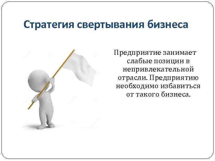 Стратегия свертывания бизнеса Предприятие занимает слабые позиции в непривлекательной отрасли. Предприятию необходимо избавиться от