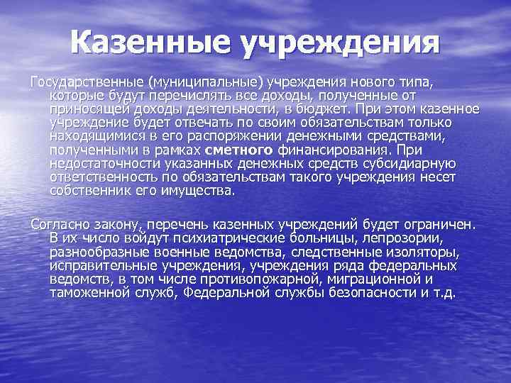 Казенные учреждения Государственные (муниципальные) учреждения нового типа, которые будут перечислять все доходы, полученные от