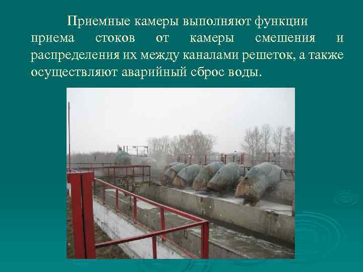 Приемные камеры выполняют функции приема стоков от камеры смешения и распределения их между каналами