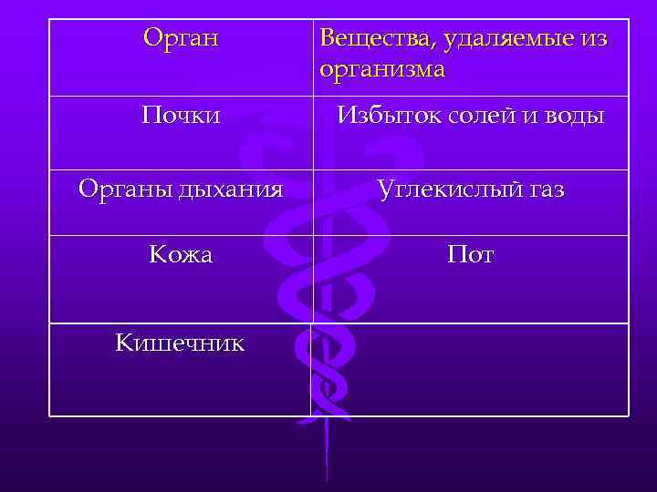 Орган Вещества, удаляемые из организма Почки Избыток солей и воды Органы дыхания Углекислый газ