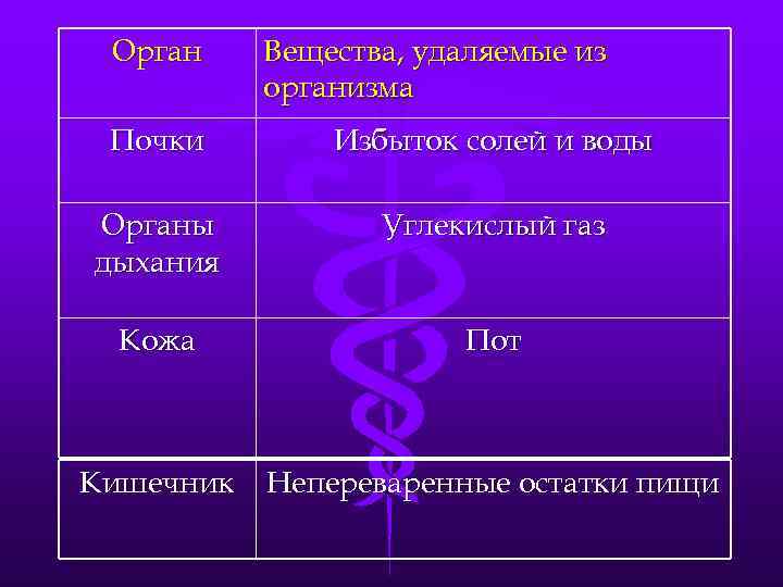 Орган Вещества, удаляемые из организма Почки Избыток солей и воды Органы дыхания Углекислый газ